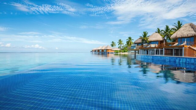 Video A swimming pool surrounded by traditional thatched huts, perfect for a tropical getaway or outdoor recreation