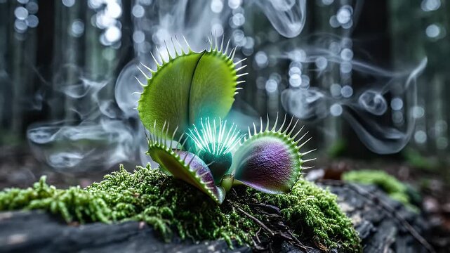 Mystical carnivorous Venus fly trap glowing with an enchanting blue light and magical smoke in a dark forest