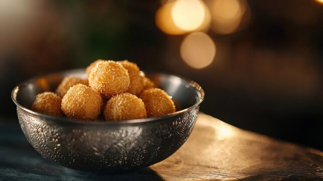 Delicious coconut ladoo dessert in a decorative metal bowl. Traditional Indian sweet treat for festival and celebration concept.