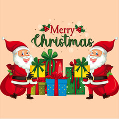Two cheerful cartoon Santas standing with large sacks and colorful wrapped presents beneath festive merry christmas typography and falling snowflakes