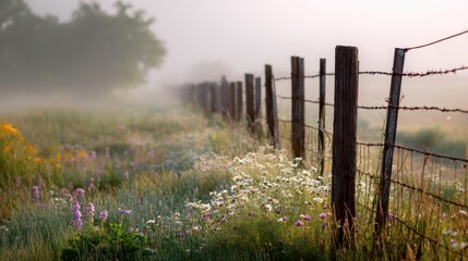 Old wooden fence with barbed wire in a field of wildflowers on a foggy morning. Rustic landscape and rural concept for nature background.