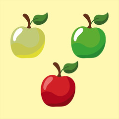 Three brightly colored cartoon apples one red one green and one pale yellow arranged playfully on a light cream background perfect for educational or healthy eating themes