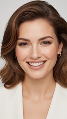 Naklejka premium Close-up portrait of happy young woman with perfect white smile. Professional business headshot of confident female model with natural makeup. Beauty and dental care concept