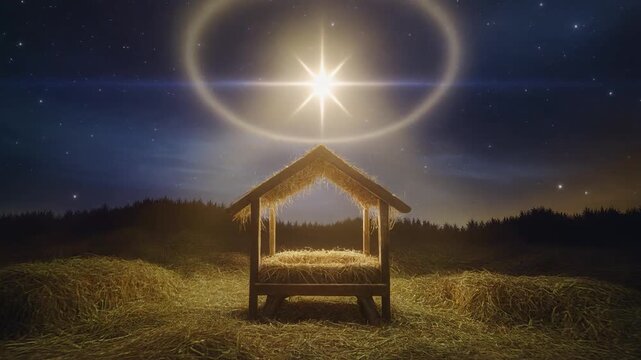 Nativity Scene with Empty Manger Illuminated by a Single Bright Star &mdash; Sacred Christmas Night 4K Loop Animation