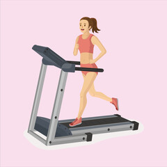 Fit young woman with brown ponytail actively running on a modern gray treadmill wearing pink athletic attire against a soft pastel background for fitness promotion