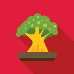 Stylized bonsai tree with lush green foliage in a simple brown pot, set against a vibrant red backdrop