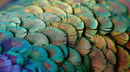 Obraz premium Close up of vibrant peacock feather texture. Iridescent plumage with rich blue and green tones. Natural pattern and detailed bird skin.