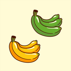 Adorable cartoon illustration contrasting ripe yellow bananas with unripe green bananas showcasing fruit ripening stages against a pale background