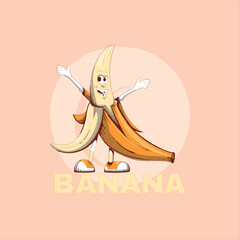 Cheerful cartoon banana character with arms wide open standing proudly above the word banana against a soft pastel background illustration
