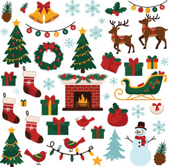 Christmas Elements Collage &mdash; Festive Trees, Gifts, Stockings, Bells, Fireplace, Sleigh, Reindeer, Snowman, Birds, and Ornaments for Holiday Cards, Seasonal Decor, and Winter Illustration Projects