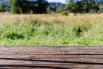 Fototapeta premium Serene wooden terrace overlooking a lush green garden in the countryside