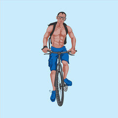 Muscular man with backpack and goggles cycling forward on a bicycle against a light blue background