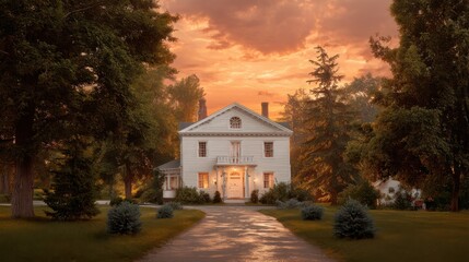 White colonial house with illuminated windows and a long driveway at sunset. Classic American home surrounded by trees and lush lawn.