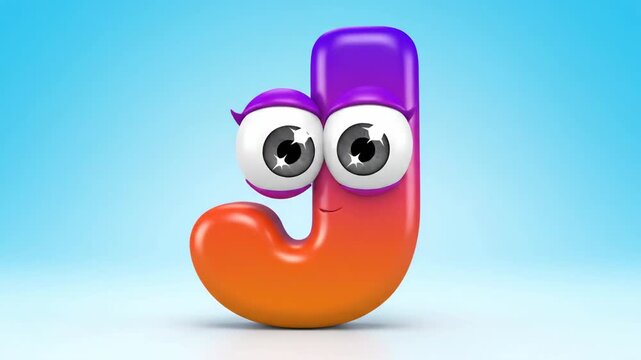 A vibrant 3D cartoon letter J with big expressive eyes and a gradient color scheme.
