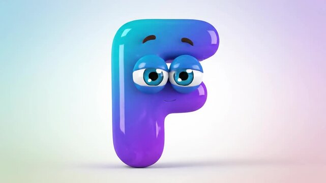 A cute, glossy 3D rendered letter F character with big blue eyes and a vibrant purple to blue gradient, set against a soft, blurred background.