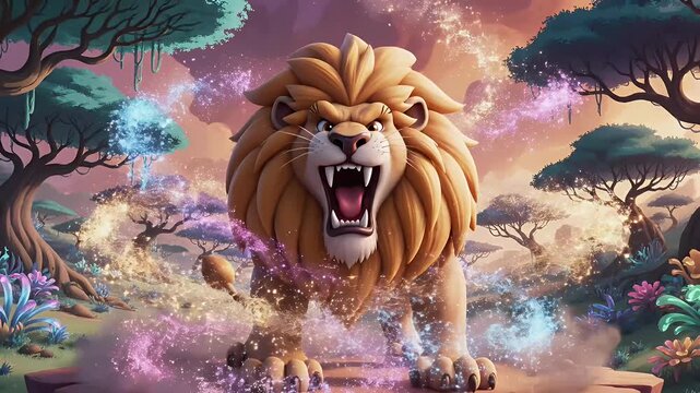 A majestic cartoon lion roaring fiercely, surrounded by shimmering magical energy in an enchanted savanna