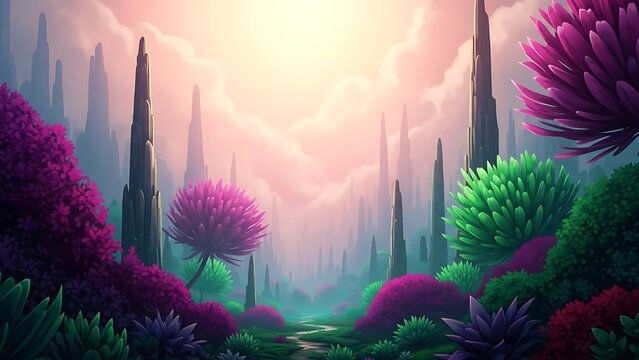 Enchanting alien landscape with towering spires, vivid magenta and green flora, and a mystical path under a soft, glowing, fantasy sky. - Powered by Adobe