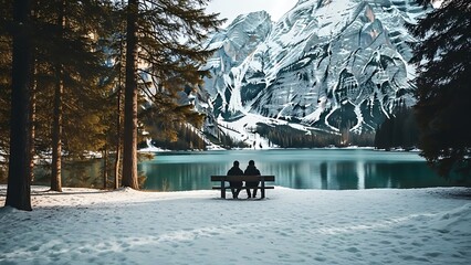 Couple on a rustic bench facing a pristine turquoise mountain lake, framed by snow-capped peaks and a dense evergreen forest in tranquil winter