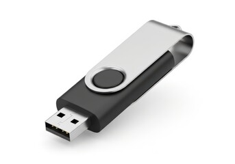 Portable digital storage device featuring a metal swivel cap and black body rests on a white background.