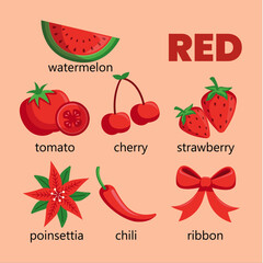 Educational chart displaying various common objects and fruits that are distinctly red in color perfect for teaching children basic color recognition and vocabulary building
