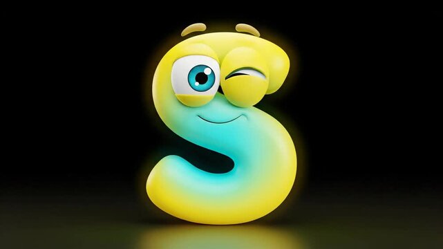 A cute, glowing, cartoon-style letter S character with a winking eye and a smile on a black background.