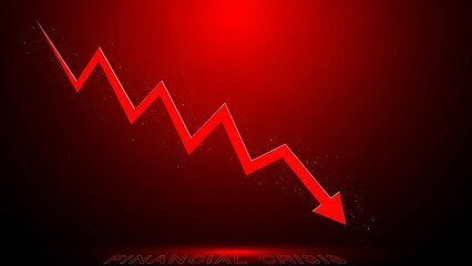 Red downward trending jagged arrow illustrating financial crisis, market crash, economic recession, and business decline on a vibrant red background