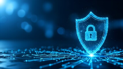 A glowing blue shield with a padlock icon sits atop a network of connected lines and nodes on a dark background with a futuristic and secure mood.