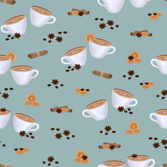 Seamless pattern, isolated pattern with a coffee cup and heart, cinnamon stick, orange, coffee, chocolate, and star anise on a green background. Vector illustration.