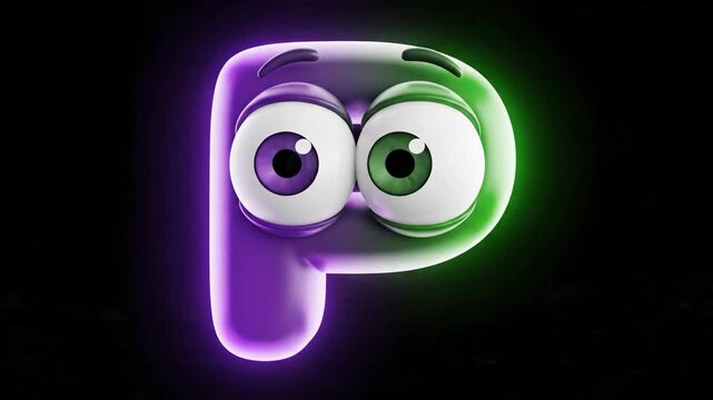 A cartoonish letter P with large eyes, glowing purple and green on a black background.