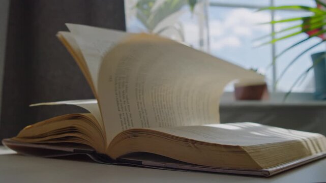 An Open Book Lies On A Table Beside A Bright Window While A Light Breeze Slowly Moves Its Pages. Soft Sunlight Shines On Indoor Plants Creating A Warm And Quiet Reading Moment In A Cozy Room.