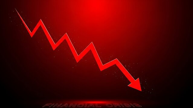 Red downward trending jagged arrow illustrating financial crisis, market crash, economic recession, and business decline on a vibrant red background - Powered by Adobe