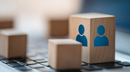 Wooden blocks featuring blue people icons are arranged on a keyboard, symbolizing teamwork, networking, and collaboration in a digital setting. Focus on business solutions.
