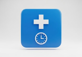 Fototapeta premium Three dimensional blue square icon features a white cross symbol and an analog clock face