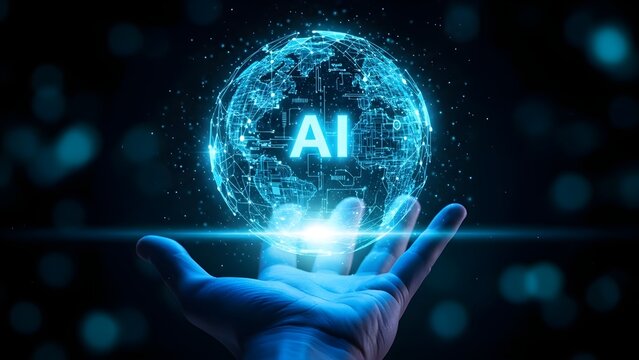 A hand holds a glowing blue sphere with 'AI' in the center against a dark background with blue lights.