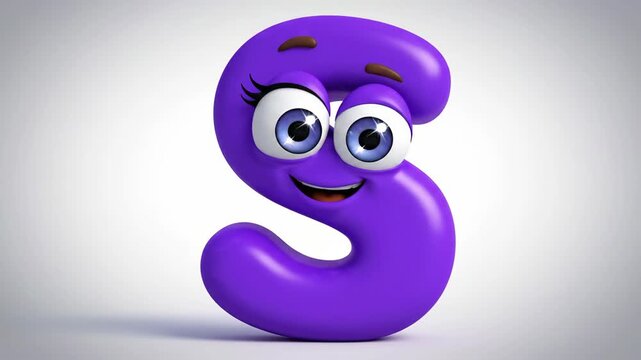 A cheerful 3D cartoon purple letter S with big blue eyes and a happy smile on a light background.