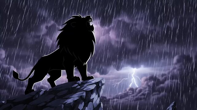 Dramatic silhouette of a powerful cartoon lion roaring on a cliff during a fierce thunderstorm with lightning