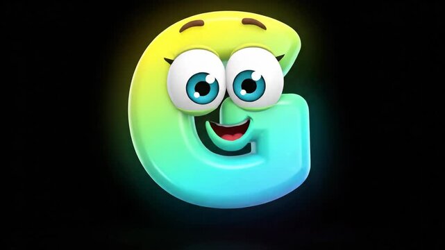 A vibrant, cartoonish letter G character with big blue eyes and a smiling face, glowing against a dark background.