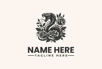 Black and white vector illustration of a snake surrounded by roses and leaves with a placeholder name and tagline on a beige background.