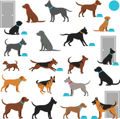 Large Flat Design Vector Set of Diverse Dog Breeds, Featuring Various Poses, Colors, and Accessories, Ideal for Pet Care, Veterinary, and Animal-Themed Graphics.