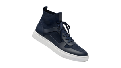 Navy blue high top sneaker with sock cuff on transparent background