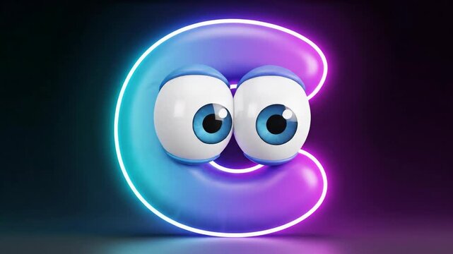 A vibrant 3D cartoon letter C with large blue eyes, glowing with neon blue and purple light against a dark background.