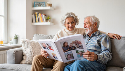 Elderly couple smiling while looking at photo album on sofa at home  