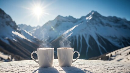 Steaming mugs of hot beverage on snow with majestic snow-capped mountains and bright sun in the background, a cozy winter scene