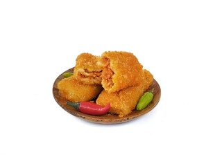 Risoles or Indonesian typical traditional food on plate isolated on white background. High angle view	