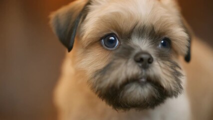 Close-up portrait of an adorable small Brussels Griffon puppy with expressive eyes, looking intently with a curious and gentle expression, highlighting its soft fur and charming features