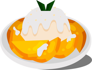 Lush tropical dessert illustration featuring ripe mango slices generously topped with creamy sauce and fresh green leaves, a sweet and refreshing delight