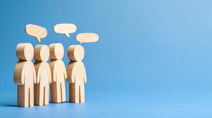 A group of wooden figures stand together with speech bubbles above them, symbolizing communication, teamwork, or collective ideas against a clean blue backdrop.