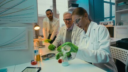 Medium shot of mature male Caucasian chemist in lab coat supervising scientific experiment of his young female colleague mixing liquids in flask in modern well-equipped laboratory