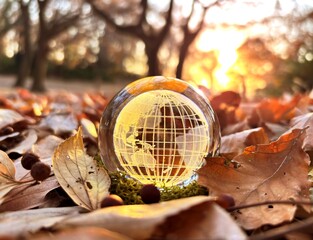 エコイメージ-夕焼けに染まる森の落ち葉とガラスの地球儀