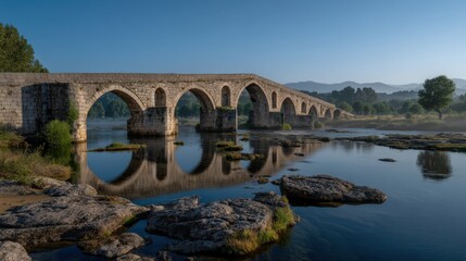 Fototapeta premium Ancient stone bridge spanning a calm river with archways and reflective water